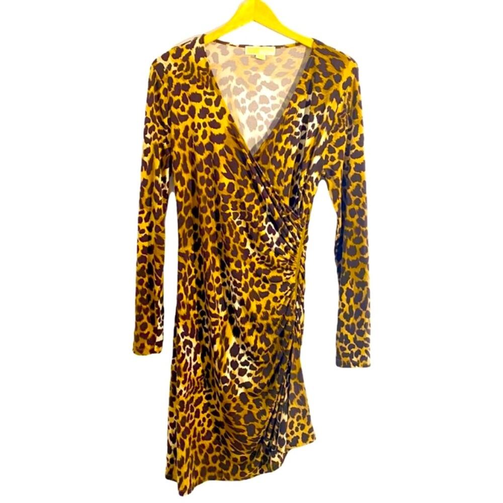 Michael Michael Kors Dark Camel Brown Leopard Print Faux Wrap Dress, Size 8
